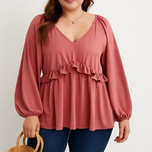 SHEIN Curve Womens 3X Mauve Pink Ruffle Empire Waist Long Sleeve Babydoll Top